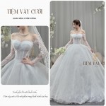 TVC389 Đầm Cưới Cô Dâu, Váy Tiệc Cưới Dáng Xoè, Bồng Bềnh, Dài Tay, Cúp Ngực, Đính Đá