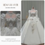 TVC375 Đầm Cưới Cô Dâu, Váy Cưới Tiệc Làm Lễ, Kim Sa, Vải Phi Nhật, Cúp Ngực, Tùng Xếp Ly