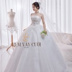 TVC499 Đầm Cưới Cô Dâu, Váy Cưới Tiệc Làm Lễ, Cúp Ngực Vải Voan Đính Kim Sa Lấp Lánh