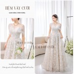 TVC523 Đầm Cưới Cô Dâu, Váy Cưới Tiệc Đi Bàn, Voan, Hoạ Tiết 3D, Dáng Xuông