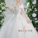 TVC527 Đầm Cưới Cô Dâu, Váy Cưới Tiệc Làm Lễ, Vải Kim Sa, Cúp Ngực, Tùng Xếp Ly