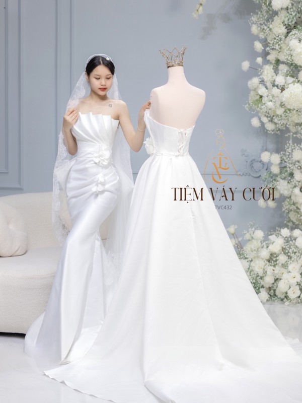 TVC432 Đầm Cưới Cô Dâu, Váy Cưới Tiệc Đi Bàn, Cúp Ngực, Dáng Xuông