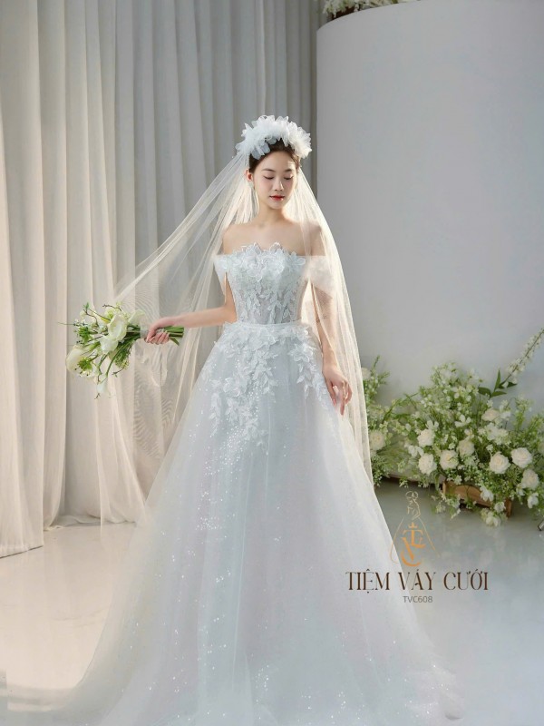 TVC608 Đầm Cưới Cô Dâu, Váy Cưới Tiệc Đi Bàn, Full Hoa 3D, Cúp Ngực