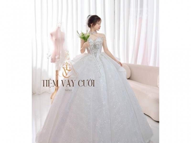 TVC522 Đầm Cưới Cô Dâu, Váy Cưới Tiệc Làm Lễ, Kim Sa, Cúp Ngực, Tùng Bồng